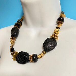 CHICO'S Chunky Black & Gold Textured Beads Bohemian Necklace 15"-19"